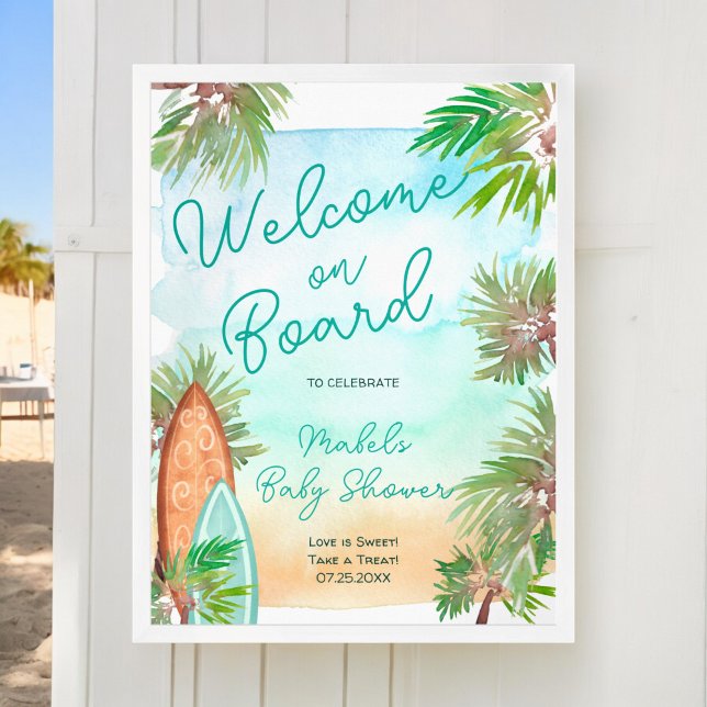 Tropiska stranden handflatan baby på stranden ombo poster (Tropical palm trees beach baby on board shower poster)