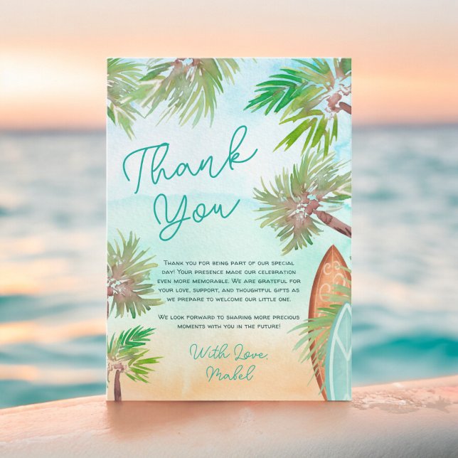Tropiska stranden handflatan baby på stranden ombo tack kort (Tropical palm trees beach baby on board shower thank you card)