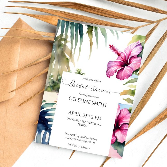 Tropiska stranden handflatan hibiscus möhippa inbjudningar (Tropical beach palms hibiscus bridal shower template invitation digital download watercolor palms)
