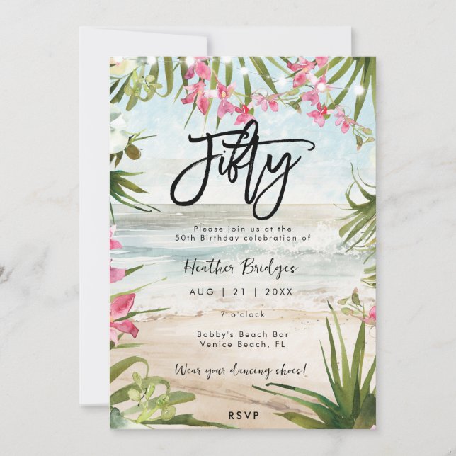 Tropiska strandorkidéer 50:e födelsedagsfesten inbjudningar (Framsida)