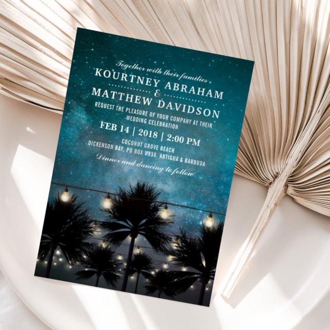 Tropiska strandpalmer strängljus bröllop inbjudningar (Skapare uppladdad)