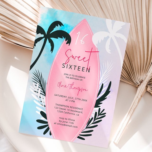 Tropiska strandstrandstrandskärl handflatan träd S Inbjudningar (Tropical beach surfboard palm tree Sweet 16 Invitation)