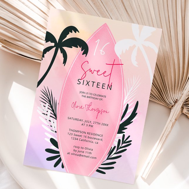 Tropiska strandstrandstrandskärl handflatan träd S Inbjudningar (Tropical beach surfboard palm tree Sweet 16 Invitation)