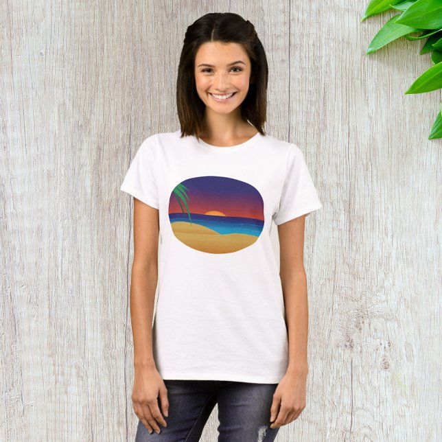Tropiska sunset Beach Handflatan Löv Ocean Vinkara T Shirt (Skapare uppladdad)