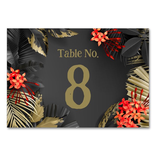 Tropiska svarta och gyllene blad Bröllop Bordsnummer (Framsidan)