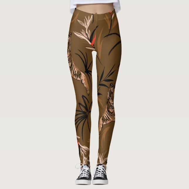 Tropiska tigrar paradise Flower Mönster Leggings (Framsida)