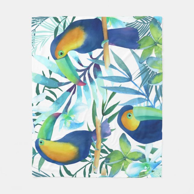 Tropiska Toucans: Exotic Flower Mönster. Fleecefilt (Framsidan)