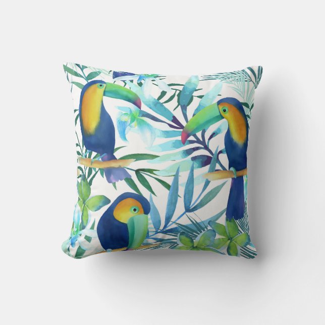 Tropiska Toucans: Exotic Flower Mönster. Kudde (Framsida)