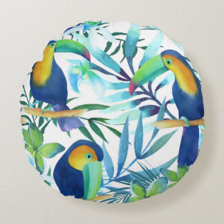 Tropiska Toucans: Exotic Flower Mönster. Rund Kudde