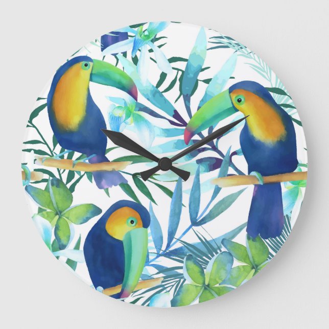Tropiska Toucans: Exotic Flower Mönster. Stor Klocka (Framsida)