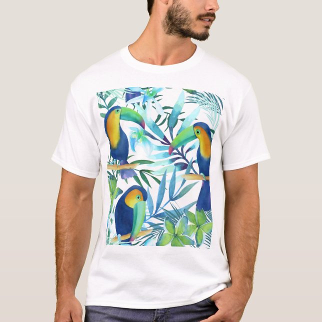Tropiska Toucans: Exotic Flower Mönster. T Shirt (Framsida)