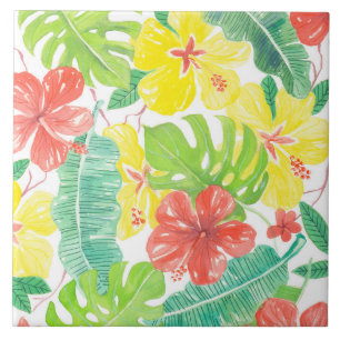 Tropiska trädgårdar, hibiscus plumeria och handf kakelplatta