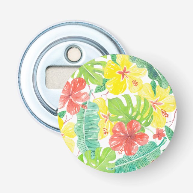 Tropiska trädgårdar, hibiscus plumeria och handfla flasköppnare (Framsidan)