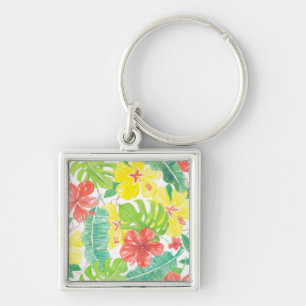 Tropiska trädgårdar, hibiscus plumeria och handfla fyrkantig silverfärgad nyckelring
