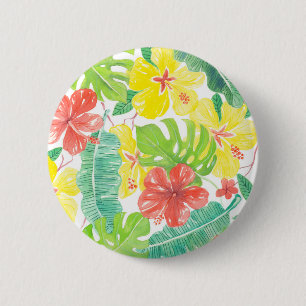 Tropiska trädgårdar, hibiscus plumeria och handfla knapp