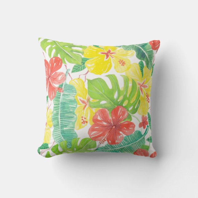 Tropiska trädgårdar, hibiscus plumeria och handfla kudde (Framsida)
