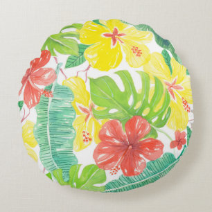 Tropiska trädgårdar, hibiscus plumeria och handfla rund kudde