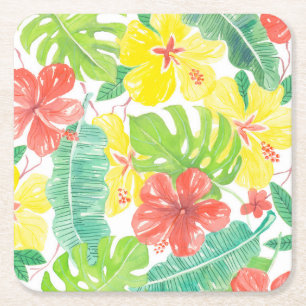 Tropiska trädgårdar, hibiscus plumeria och handfla underlägg papper kvadrat
