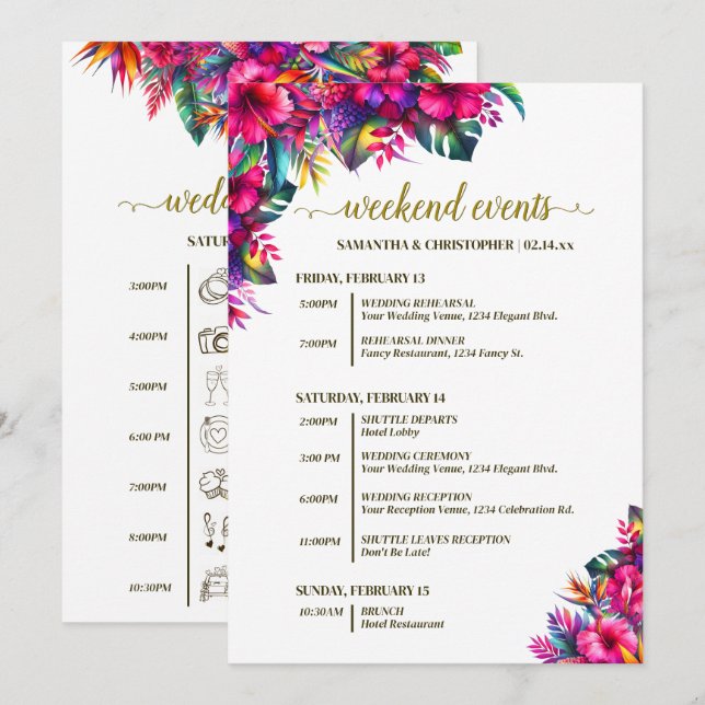 Tropiska trädgårdsblommor Bröllopsevenemang & Tids Program (Fram/baksida)