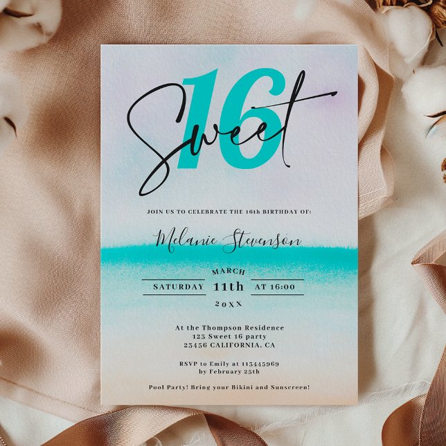 Tropiska turkos strandmanusmanusskript (sötmansche inbjudningar (Tropical turquoise beach ombre script sweet 16 invitation)