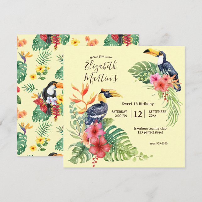 Tropiska vattendfärger Toucan och Hibiscus Birthda Inbjudningar (Fram/baksida)