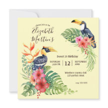 Tropiska vattendfärger Toucan och Hibiscus Birthda