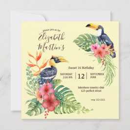 Tropiska vattendfärger Toucan och Hibiscus Birthda Inbjudningar