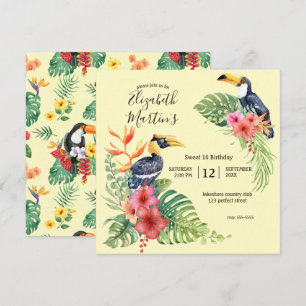 Tropiska vattendfärger Toucan och Hibiscus Birthda Inbjudningar
