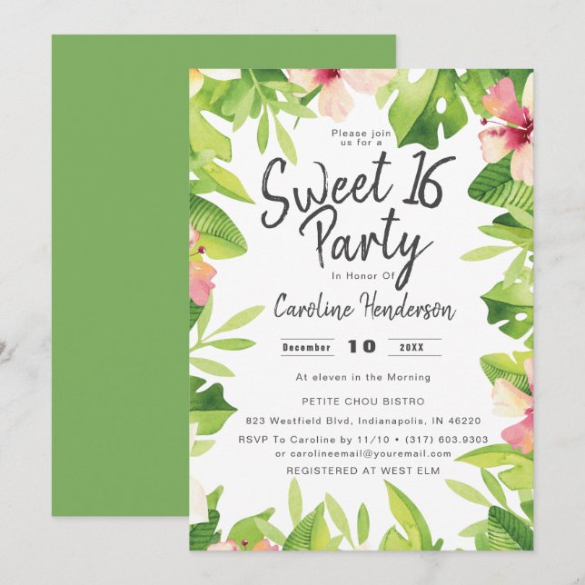 Tropiska vattenfärgen Blommigt Sweet sixteen Party Inbjudningar (Fram/baksida)