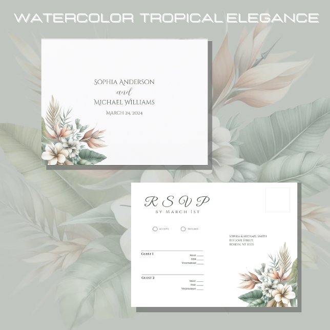 Tropiska vattenfärgen Elegance-OSA-Bröllop- Vykort (Watercolor Tropical Elegance Wedding Collection-RSVP- Green and Peach)