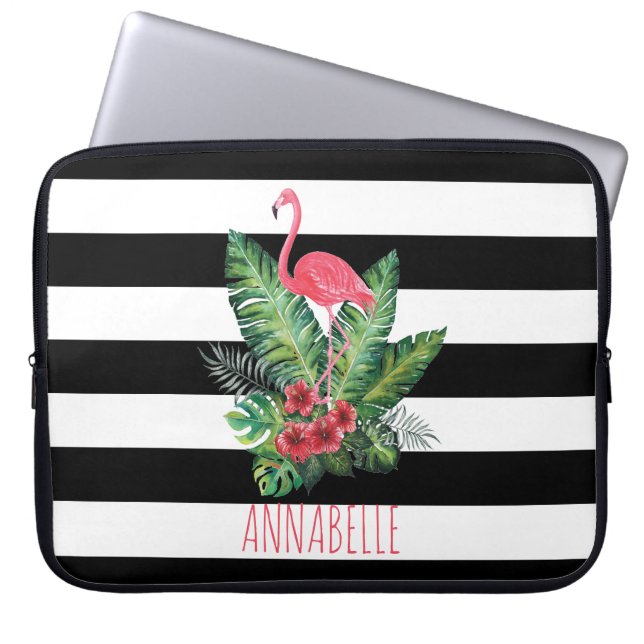 Tropiska vattenfärgen Flamingo och blommorna rand Laptop Sleeve (Framsidan)