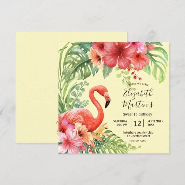 Tropiska vattenfärgen Flamingos & Hibiscus Birthda Inbjudningar (Fram/baksida)