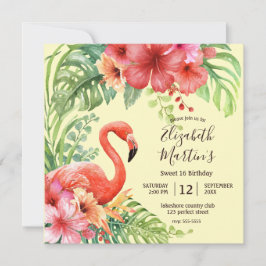Tropiska vattenfärgen Flamingos & Hibiscus Birthda Inbjudningar