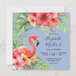 Tropiska vattenfärgen Flamingos & Hibiscus Birthda Inbjudningar