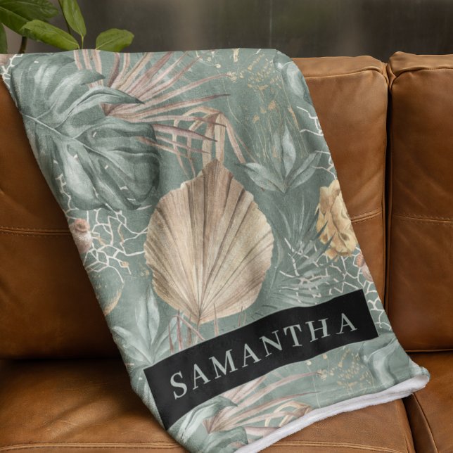 Tropiska vattenfärgen Guld & Grönt Löv Mönster Fleecefilt (Skapare uppladdad)