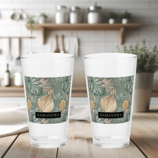 Tropiska vattenfärgen Guld & Grönt Löv Mönster Glaskopp (Skapare uppladdad)