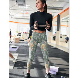 Tropiska vattenfärgen Guld & Grönt Löv Mönster Leggings