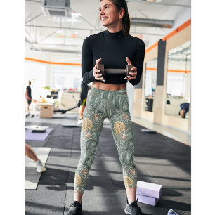Tropiska vattenfärgen Guld & Grönt Löv Mönster Leggings