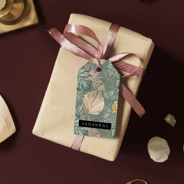 Tropiska vattenfärgen Guld & Grönt Löv Mönster Presentetikett