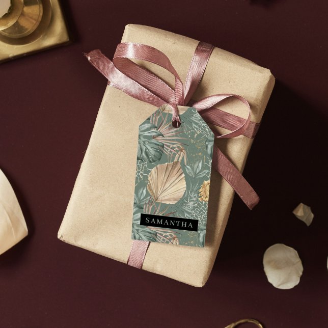 Tropiska vattenfärgen Guld & Grönt Löv Mönster Presentetikett (Skapare uppladdad)