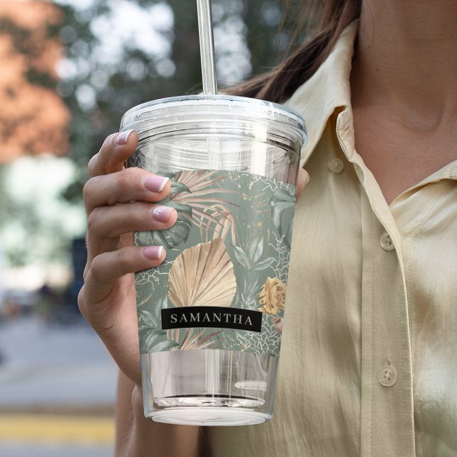 Tropiska vattenfärgen Guld & Grönt Löv Mönster Take Away Mugg (Skapare uppladdad)