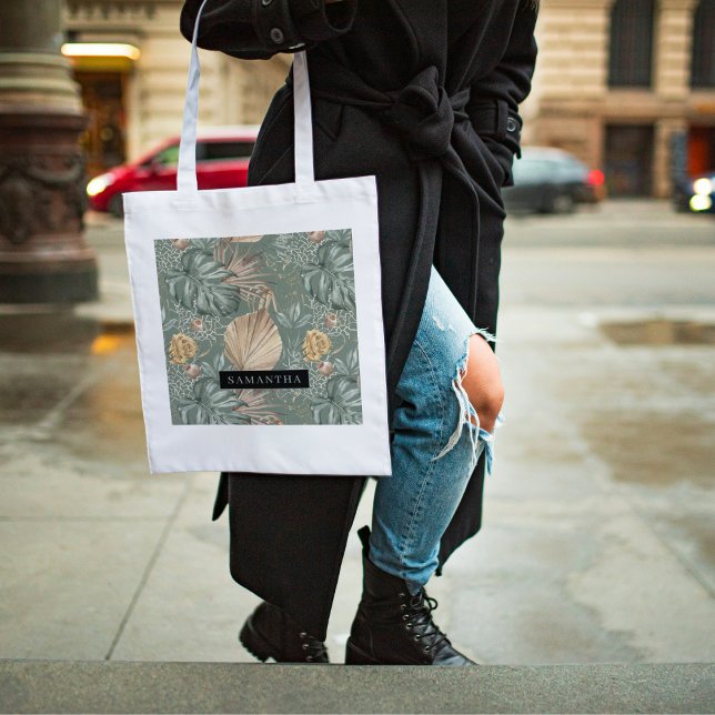 Tropiska vattenfärgen Guld & Grönt Löv Mönster Tygkasse (Skapare uppladdad)