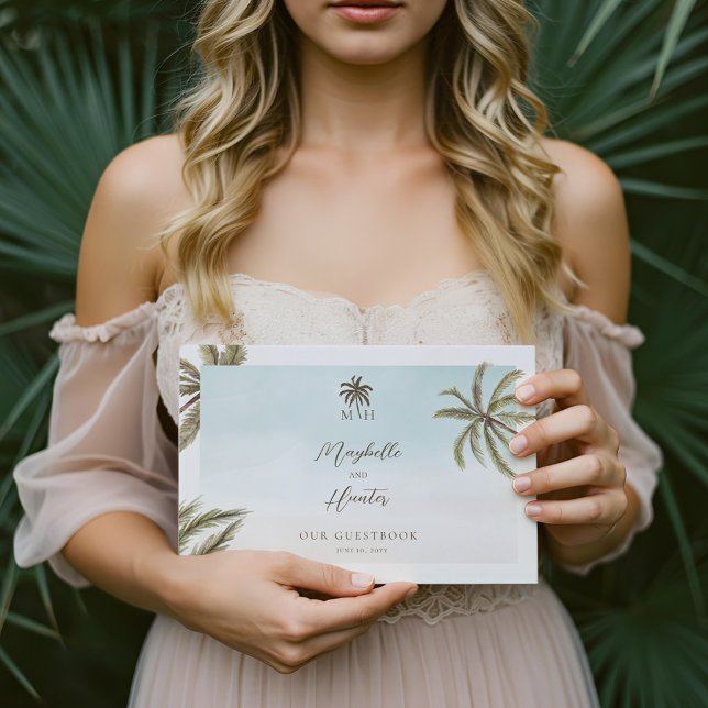 Tropiska vattenfärgen Handflatan Träd Bröllop Mono Gästböcker (Tropical Watercolor Palm Trees Wedding Monogram Guest Book)