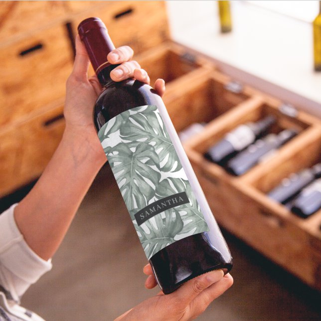 Tropiska vattenfärgen Modern Oasis Löv Mönster Vinflaska Etikett (Skapare uppladdad)