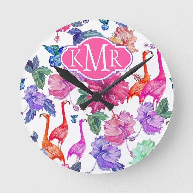 Tropiska vattenfärgen Mönster | Monogram Rund Klocka (Framsida)