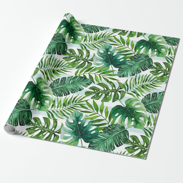 Tropiska vattenfärgen Monstera och Handflatan Löv Presentpapper (Utrullad)
