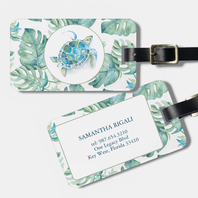 Tropiska vattenfärgen Sea Turtle Bagagebricka (Luggage tags feature tropical watercolor sea turtle and monstera leaf art by Victoria Grigaliunas)