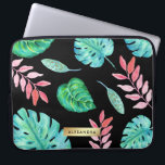 Tropiska vattenfärglöv på svart med Fauxguld Laptop Fodral<br><div class="desc">Denna stilfulla tropiska temadesign presenterar olika vattenfärglöv i rosor,  blått och grönt på en svart bakgrund. Ett guld- lookområde för faux innehåller ditt namn.</div>