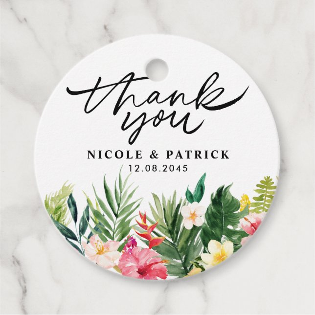 Tropiska vattenfärgsblommor Bröllop Tack Gåvor Etiketter (Framsida)