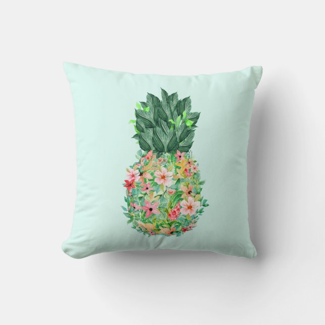 Tropiska vattenfärgsblommor för ananas kudde (Framsida)
